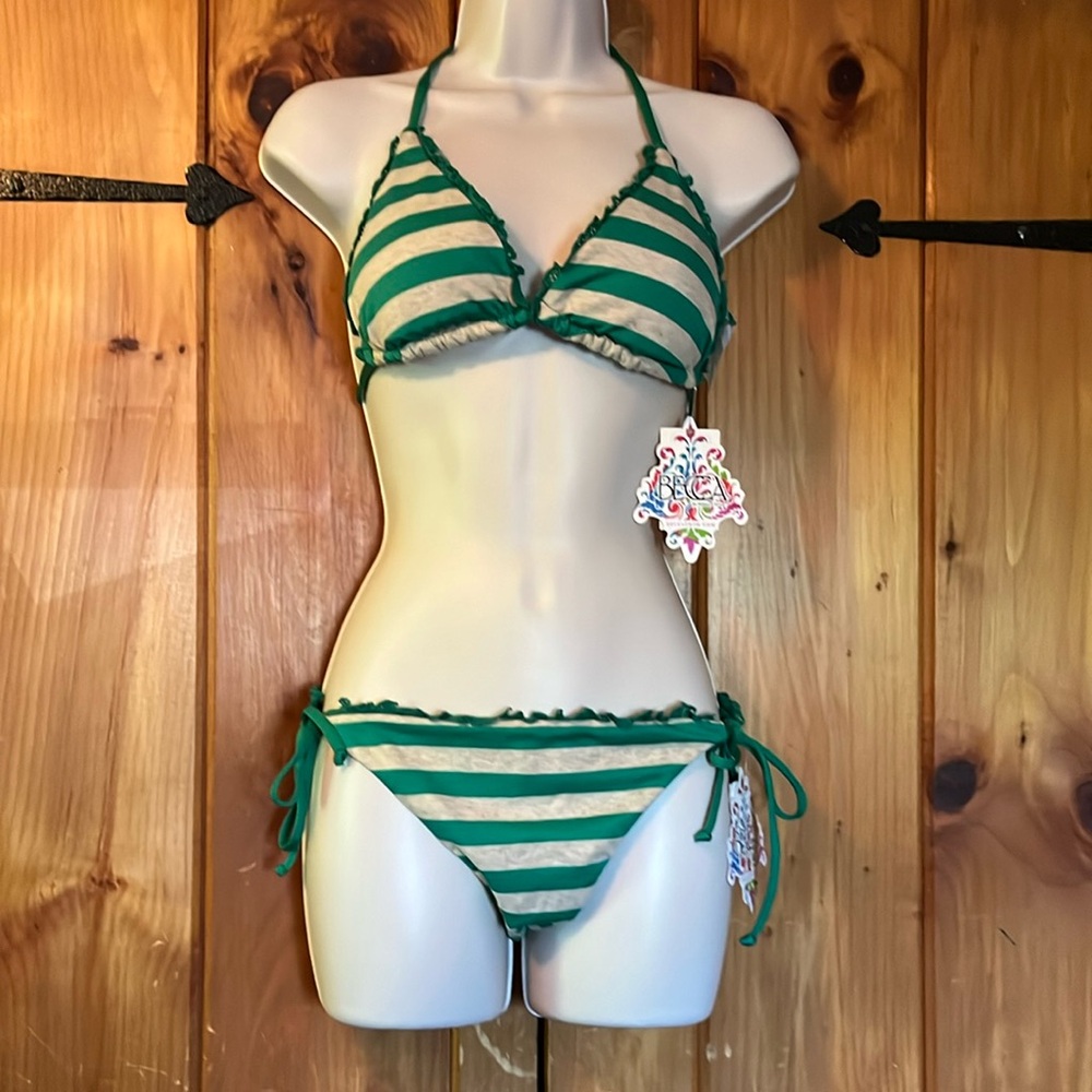 BECCA Green and White Striped Bikini